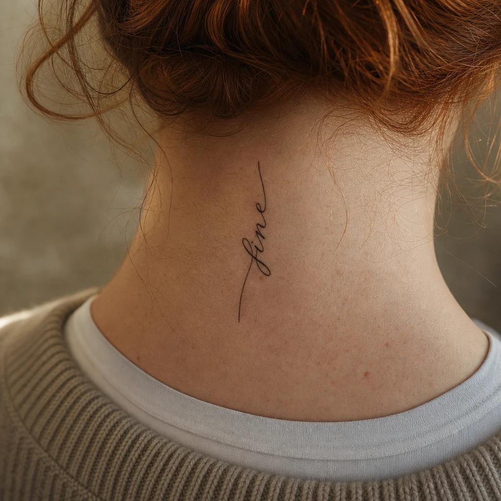 nape (women) tattoo fine vertical phrase, realistic photo on skin
