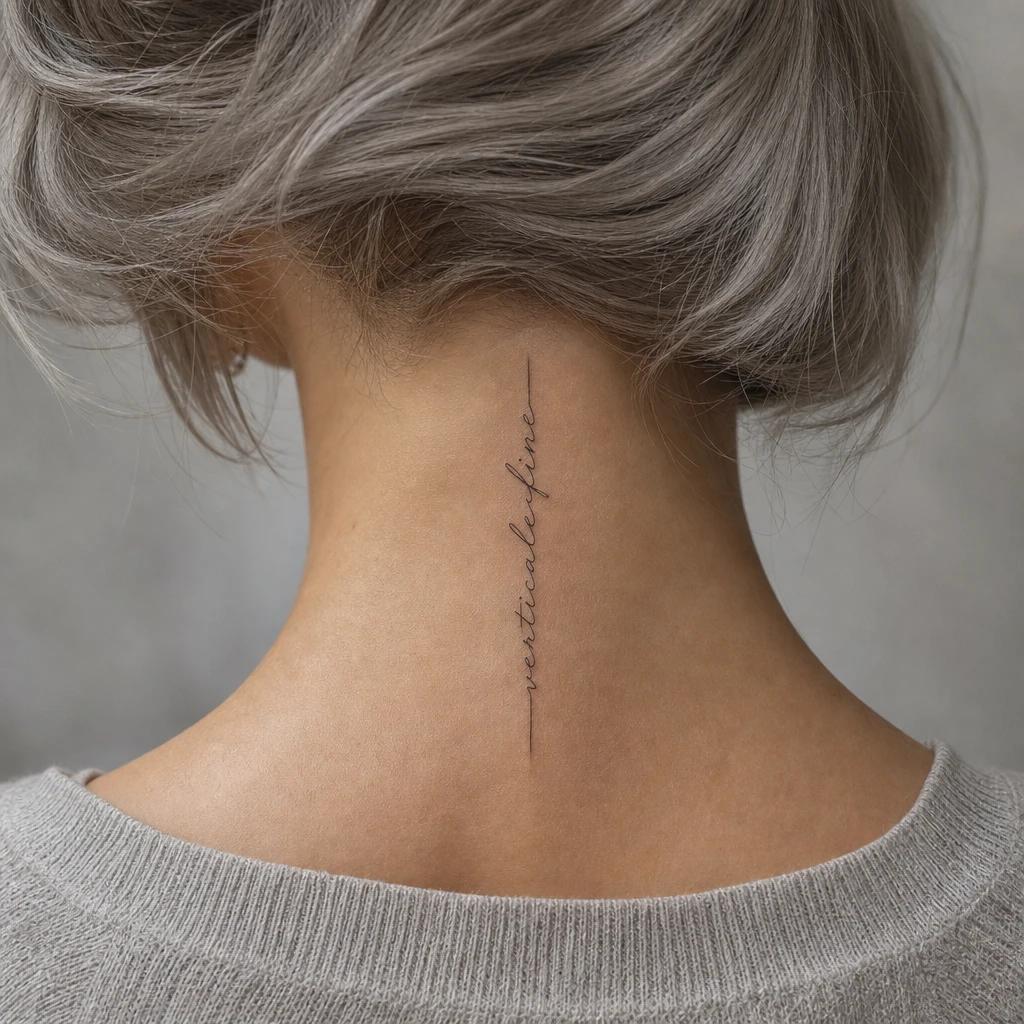 nape (women) tattoo fine vertical phrase, realistic photo on skin