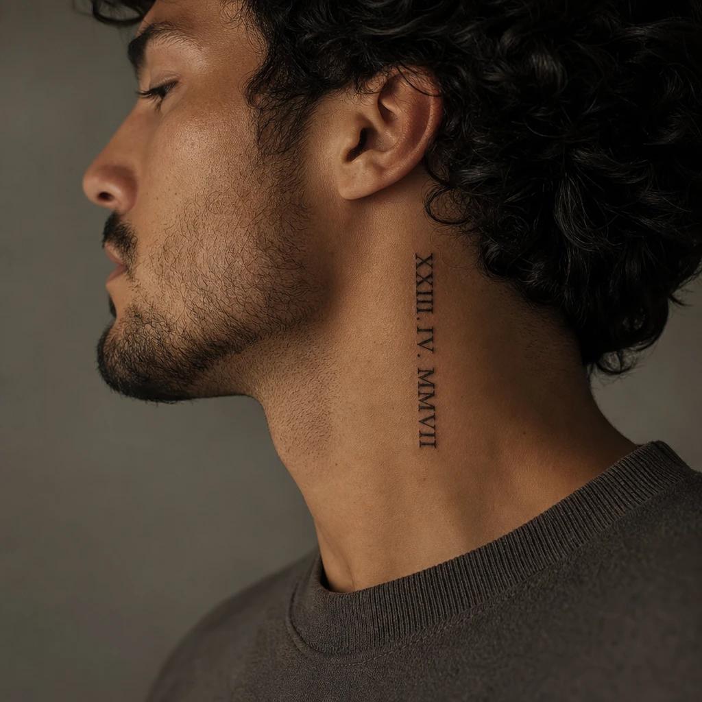 men's neck tattoo roman numerals on the nape, realistic photo on skin