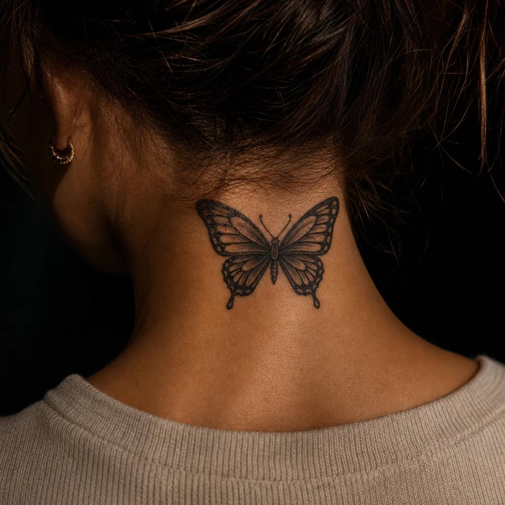 women's neck tattoo neo-traditional butterfly, realistic photo on skin
