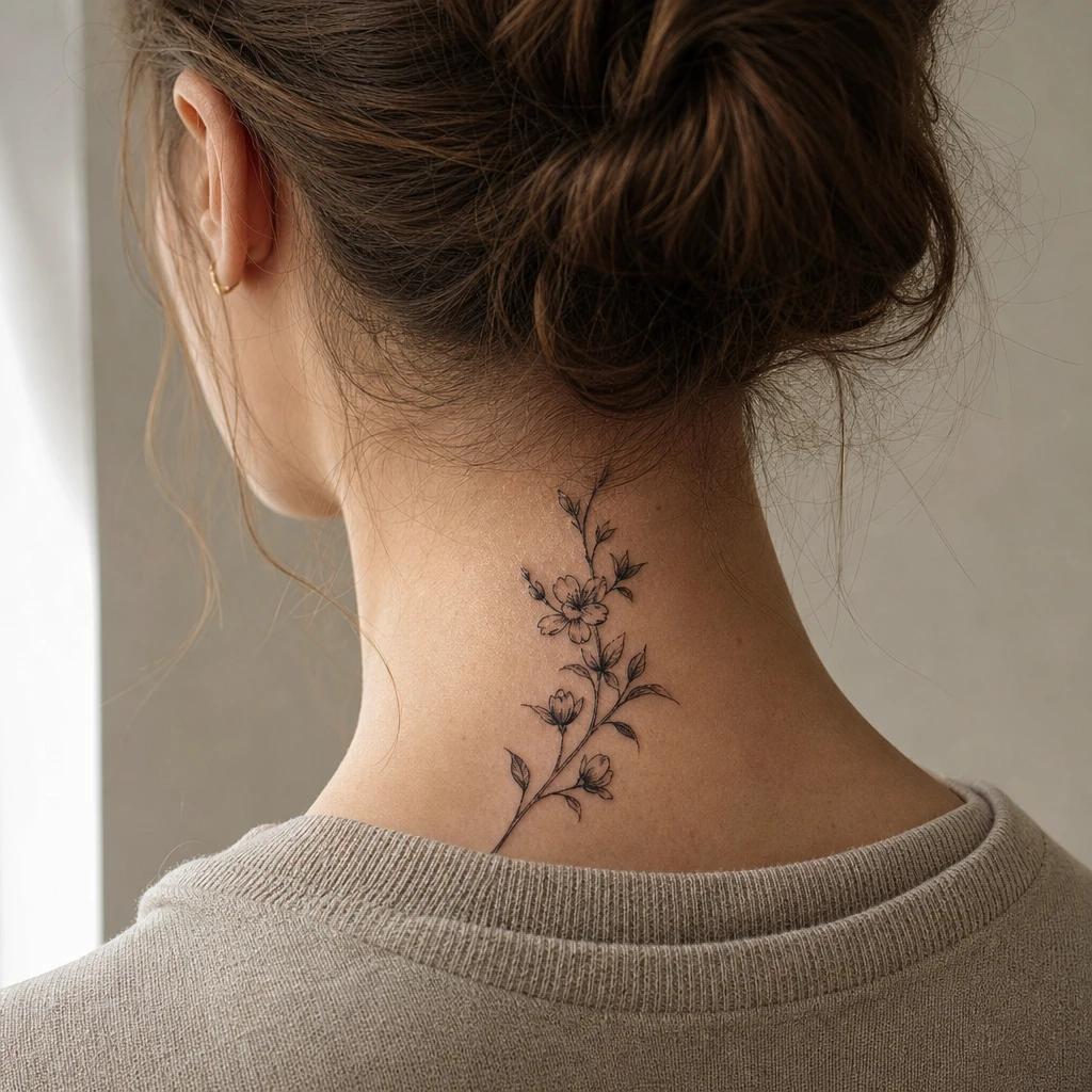 women's neck tattoo flowering branch, realistic photo on skin