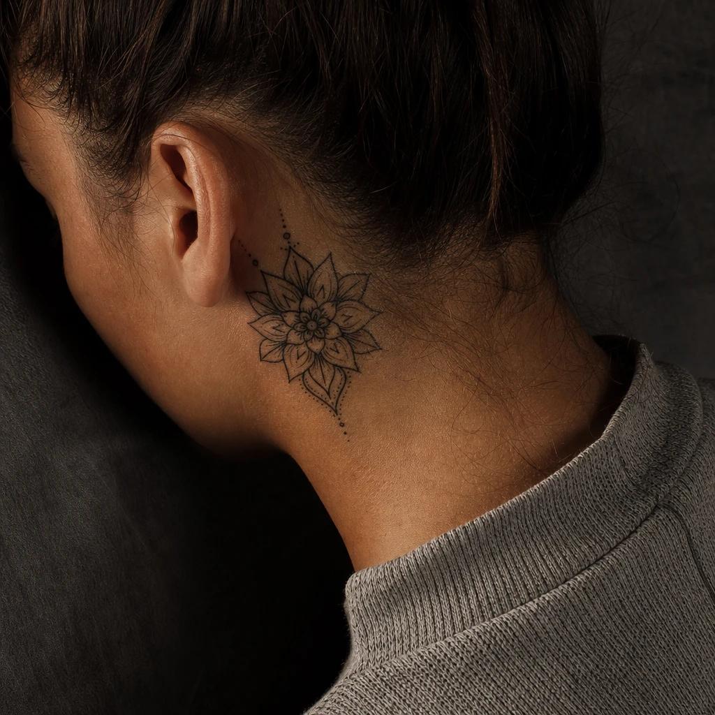 women's neck tattoo nape mandala, realistic photo on skin