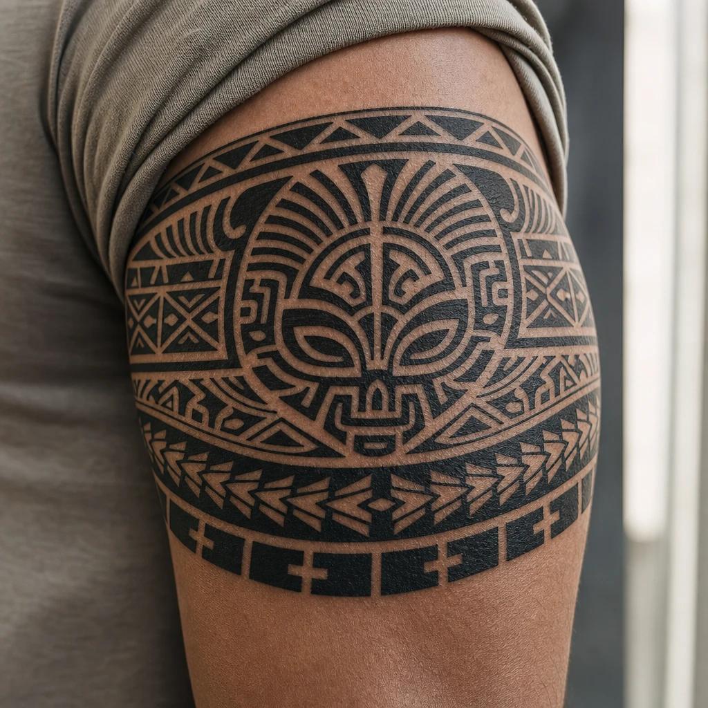 polynesian tattoo full polynesian sleeve, realistic photo on skin