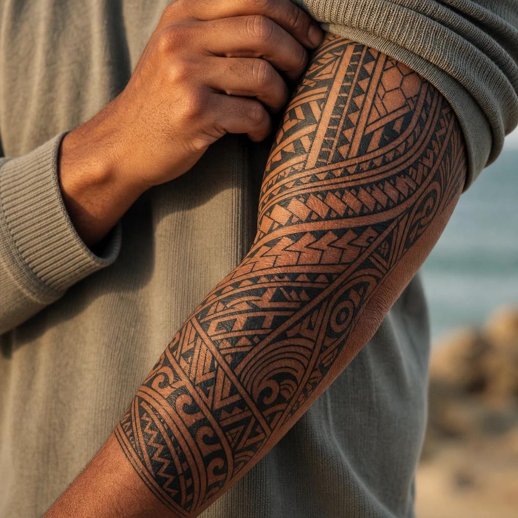 polynesian tattoo full polynesian sleeve, realistic photo on skin