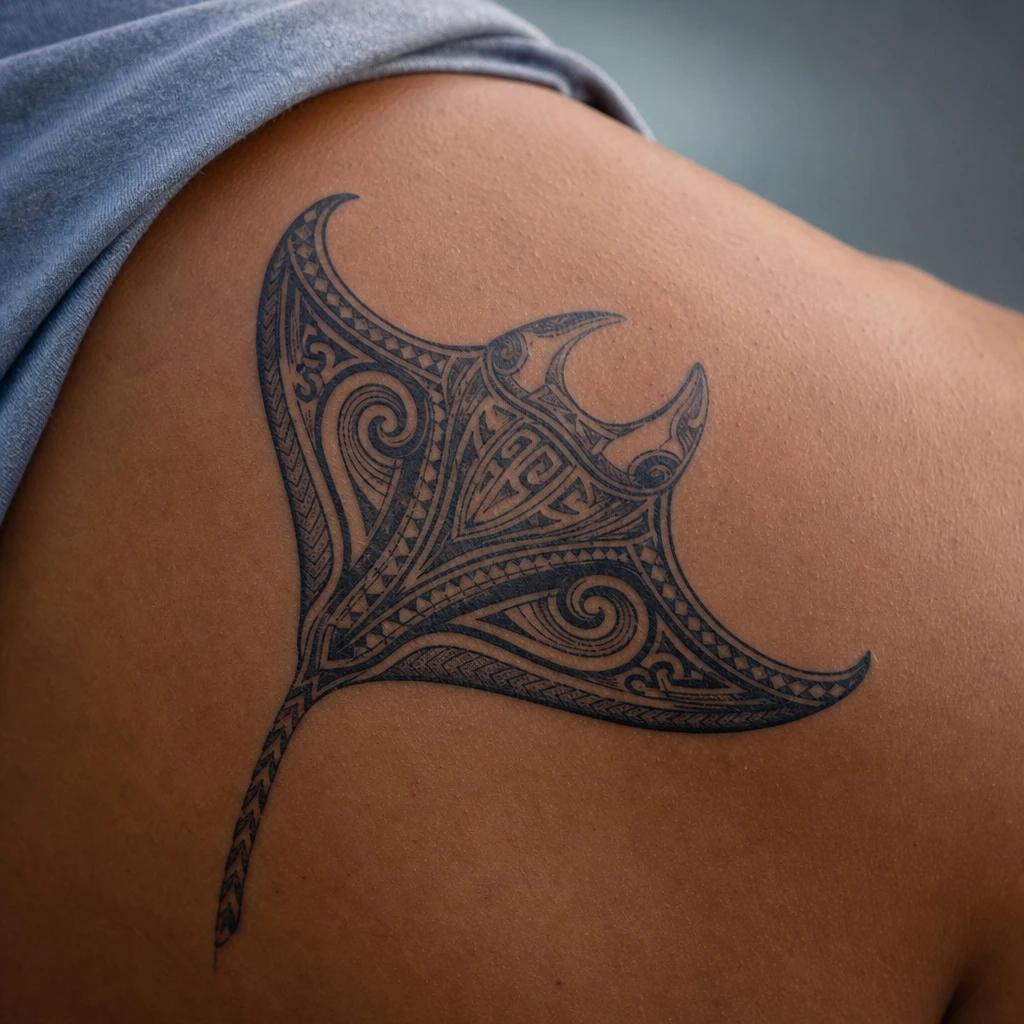 polynesian tattoo stylized manta ray, realistic photo on skin