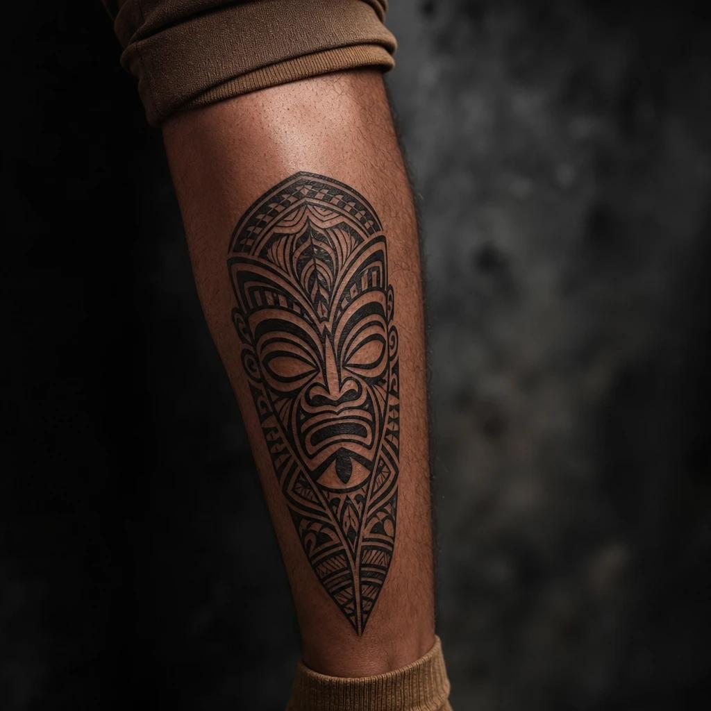 polynesian tattoo protective tiki, realistic photo on skin