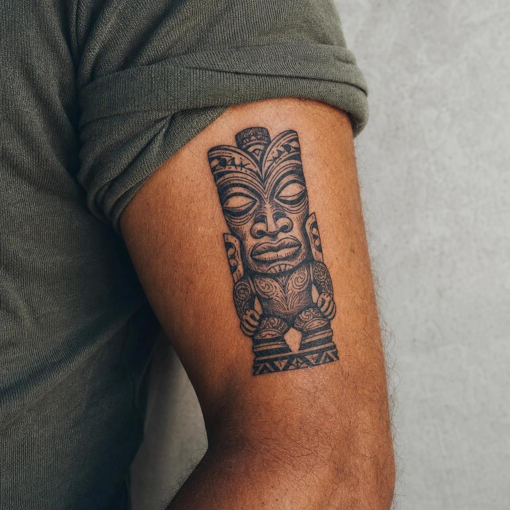 polynesian tattoo protective tiki, realistic photo on skin
