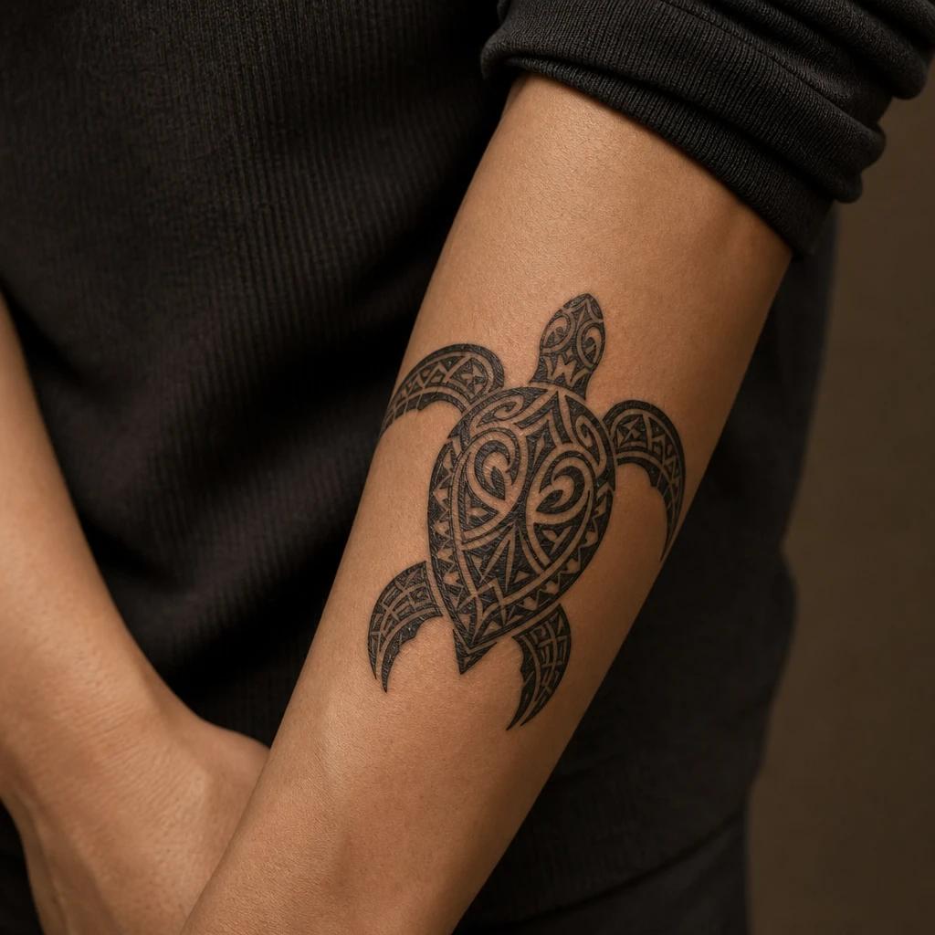 polynesian tattoo sacred honu turtle, realistic photo on skin