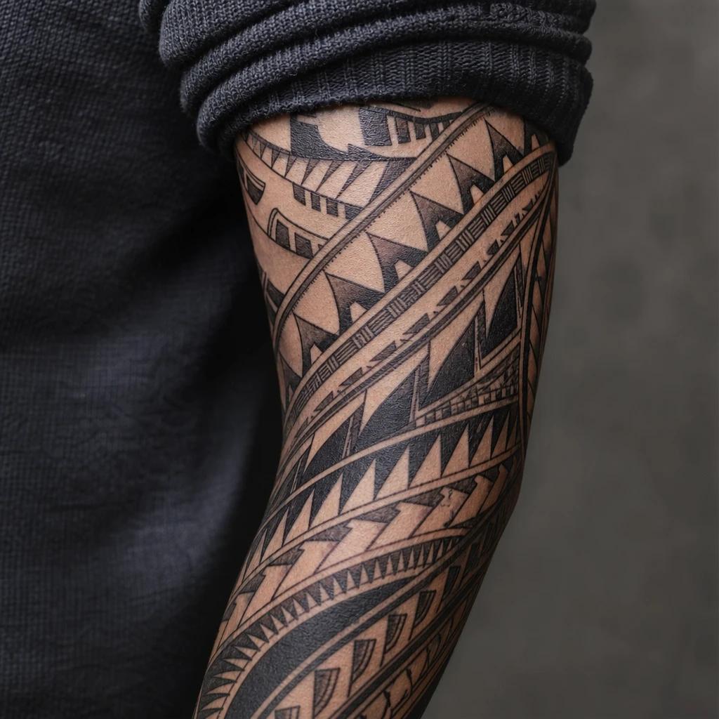 polynesian tattoo shark tooth bands, realistic photo on skin