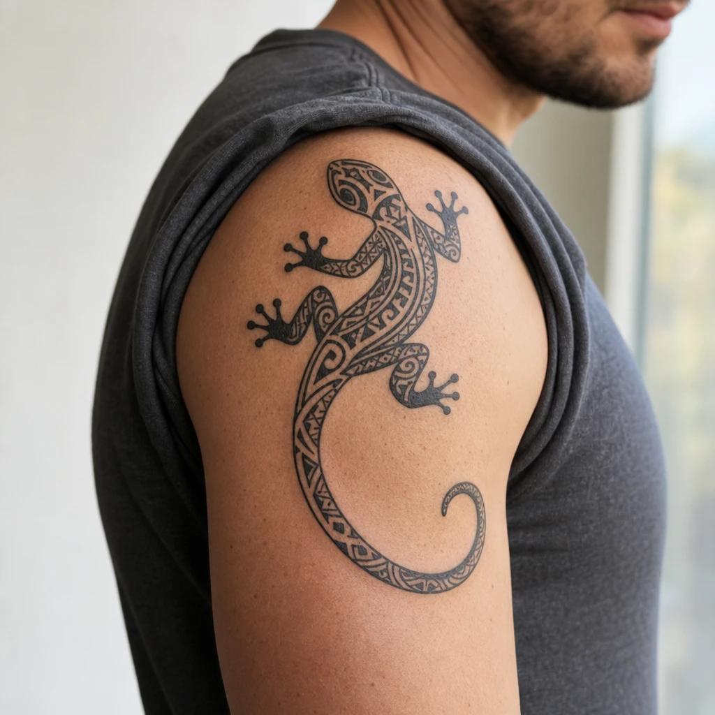 polynesian tattoo mo'o gecko lizard, realistic photo on skin