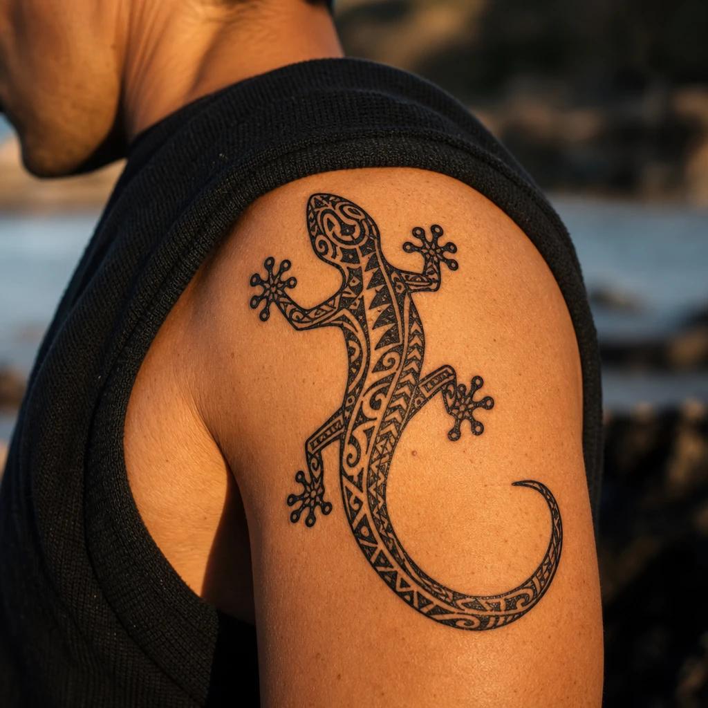 polynesian tattoo mo'o gecko lizard, realistic photo on skin