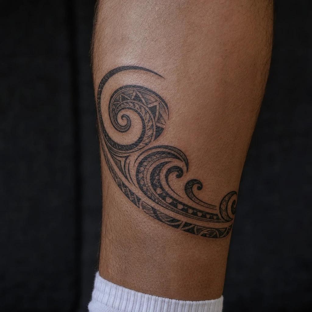 polynesian tattoo koru spirals and waves, realistic photo on skin