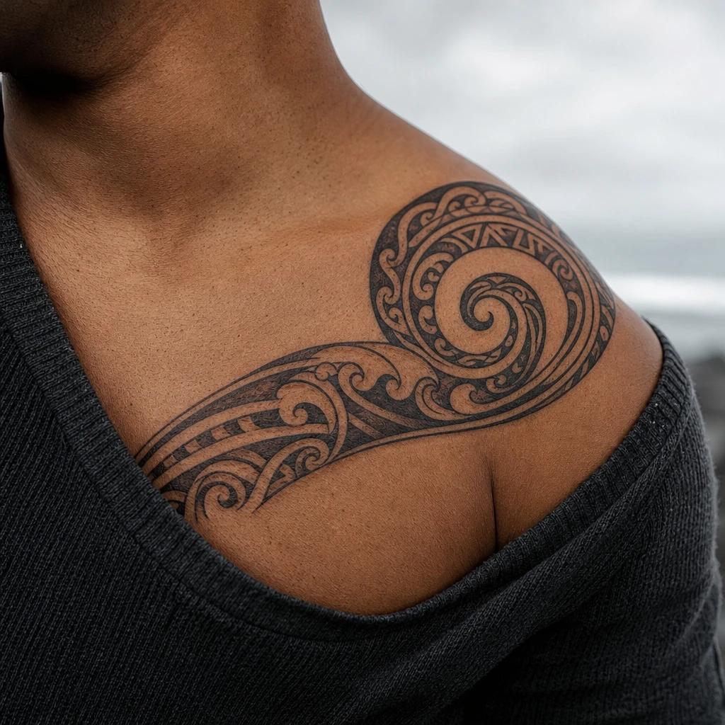 polynesian tattoo koru spirals and waves, realistic photo on skin