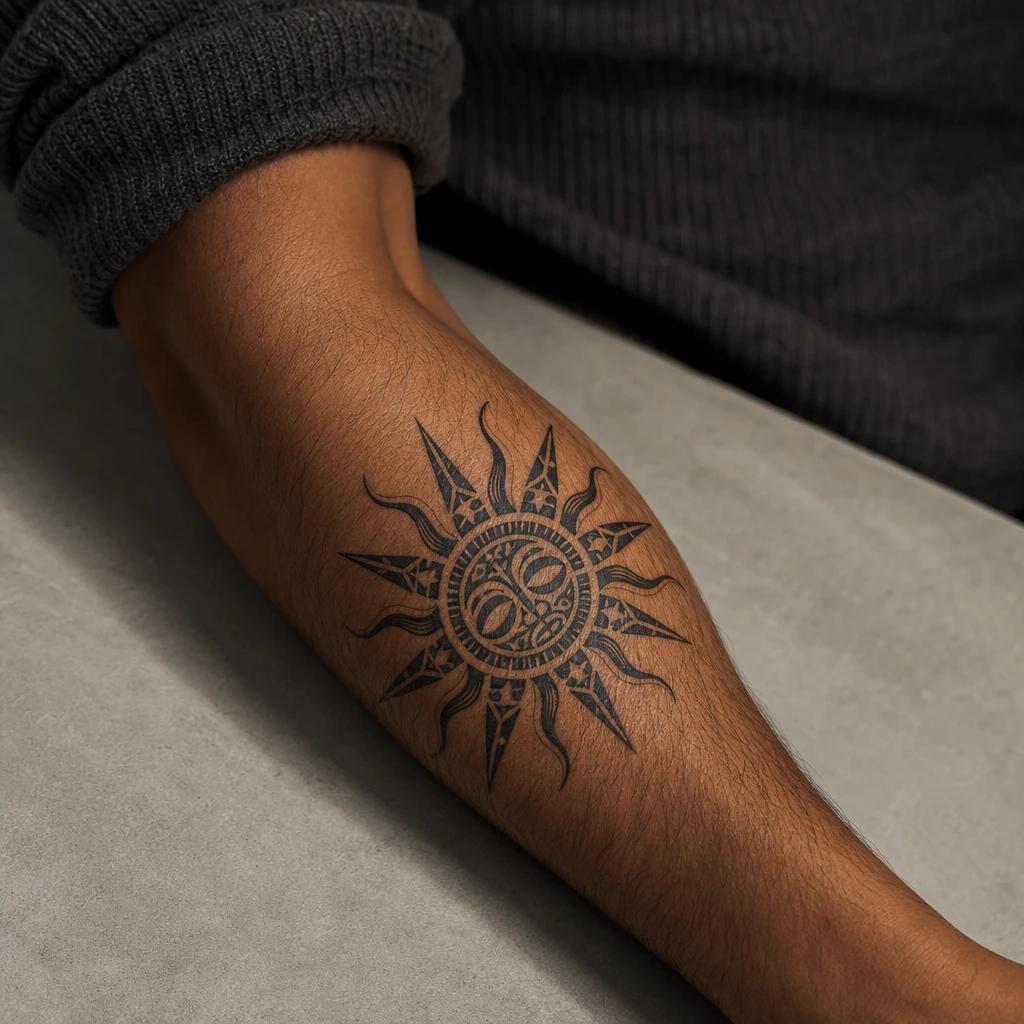 polynesian tattoo marquesan sun, realistic photo on skin