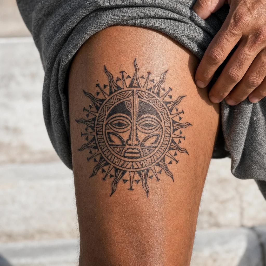 polynesian tattoo marquesan sun, realistic photo on skin