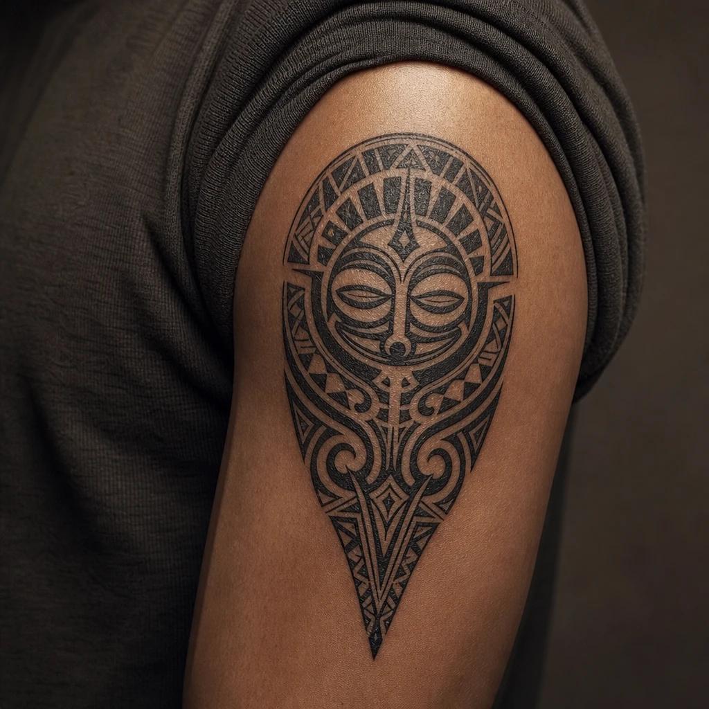 polynesian tattoo warrior chest plate, realistic photo on skin