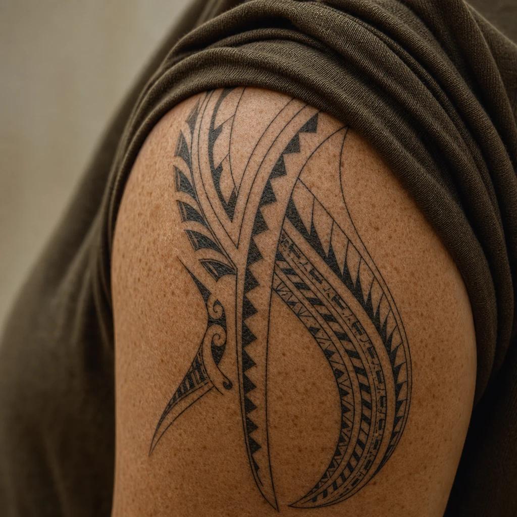 polynesian tattoo enata and life lines, realistic photo on skin