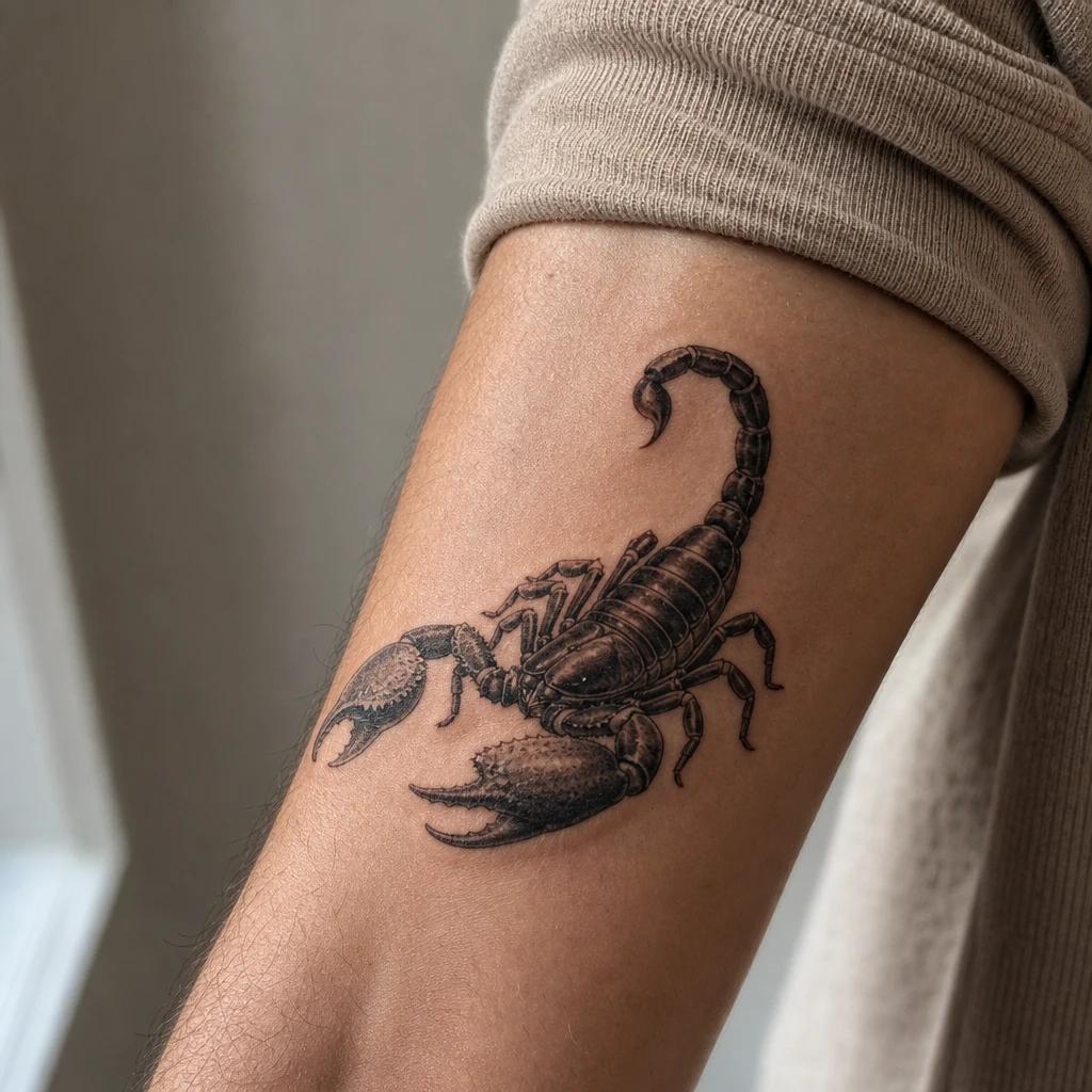 scorpion tattoo realistic black and grey scorpion, realistic photo on skin