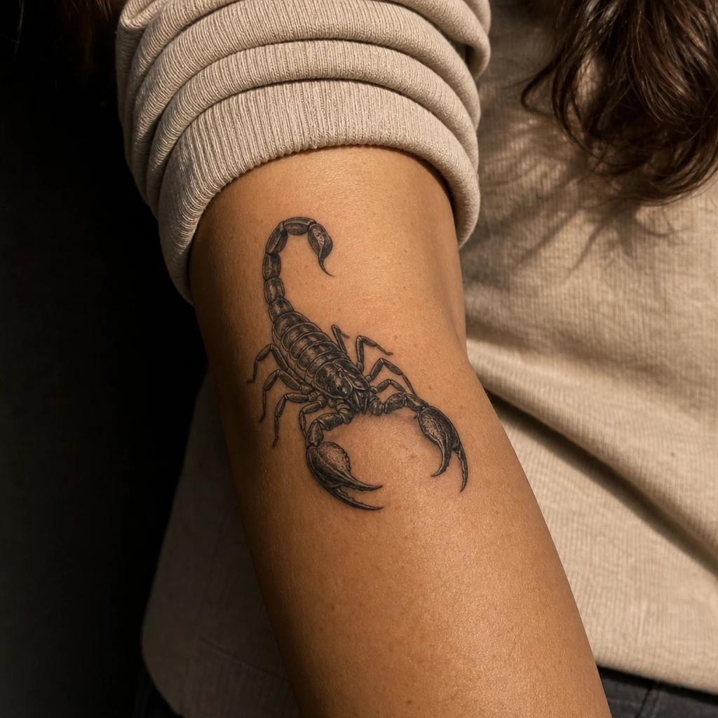 scorpion tattoo realistic black and grey scorpion, realistic photo on skin
