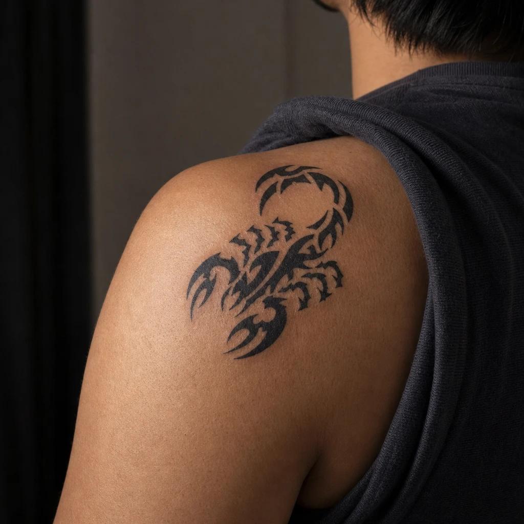 scorpion tattoo tribal scorpion, realistic photo on skin
