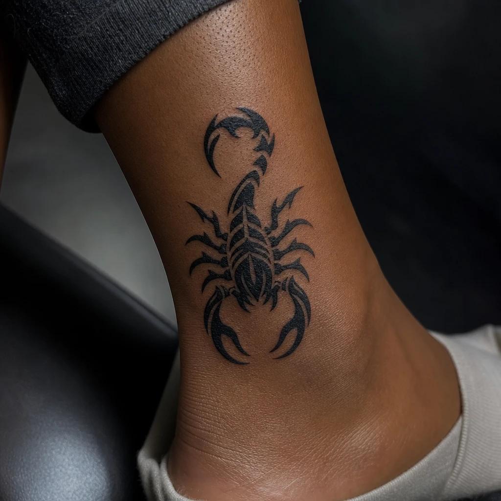 scorpion tattoo tribal scorpion, realistic photo on skin