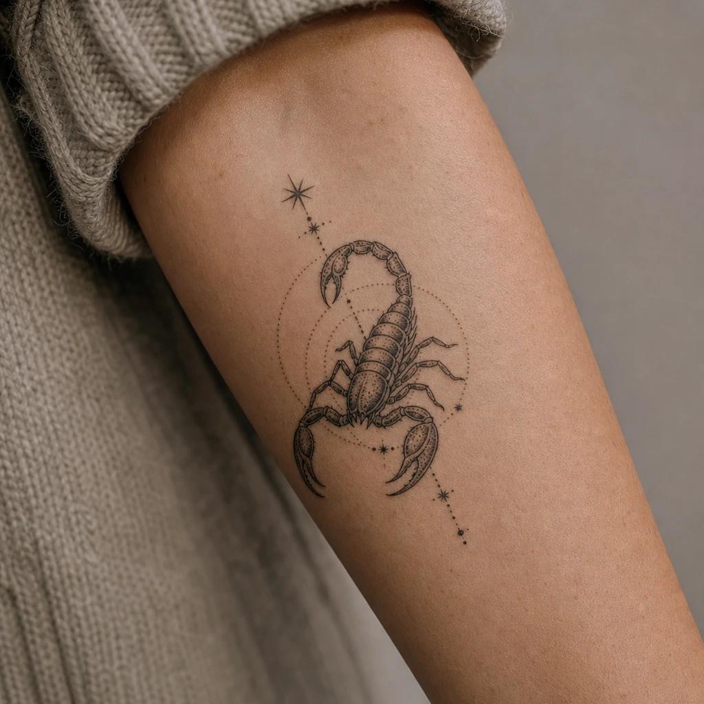scorpion tattoo scorpio zodiac sign, realistic photo on skin