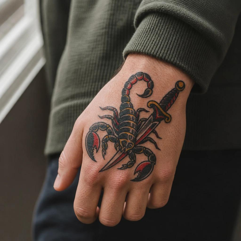scorpion tattoo old school scorpion and dagger, realistic photo on skin