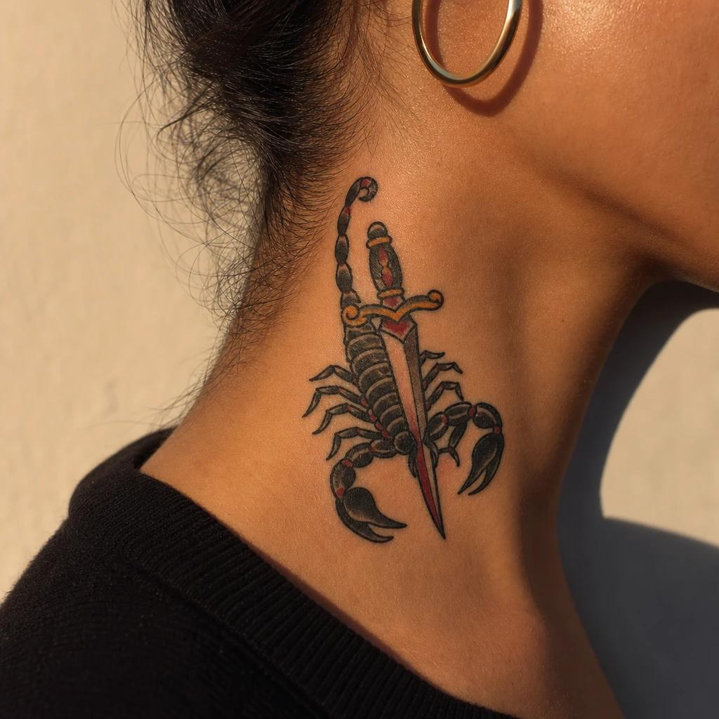 scorpion tattoo old school scorpion and dagger, realistic photo on skin