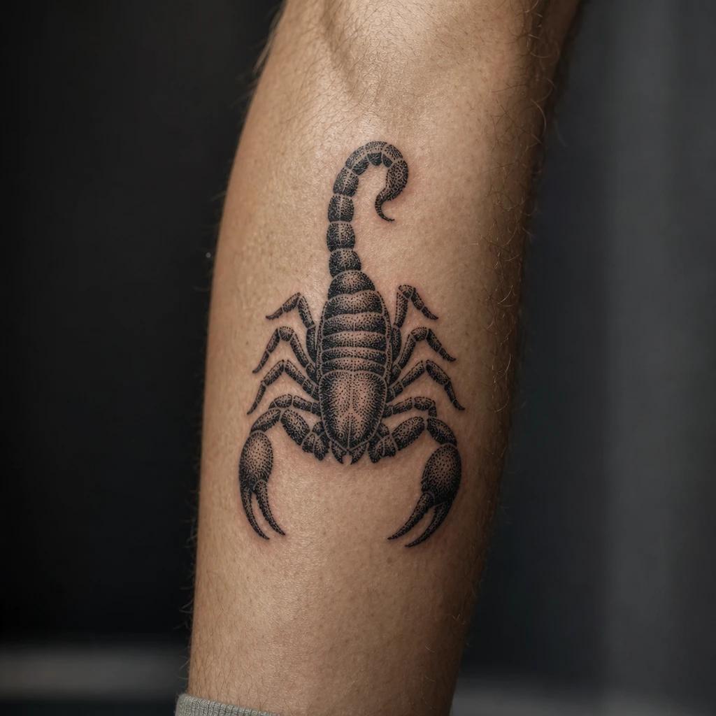 scorpion tattoo dotwork scorpion, realistic photo on skin