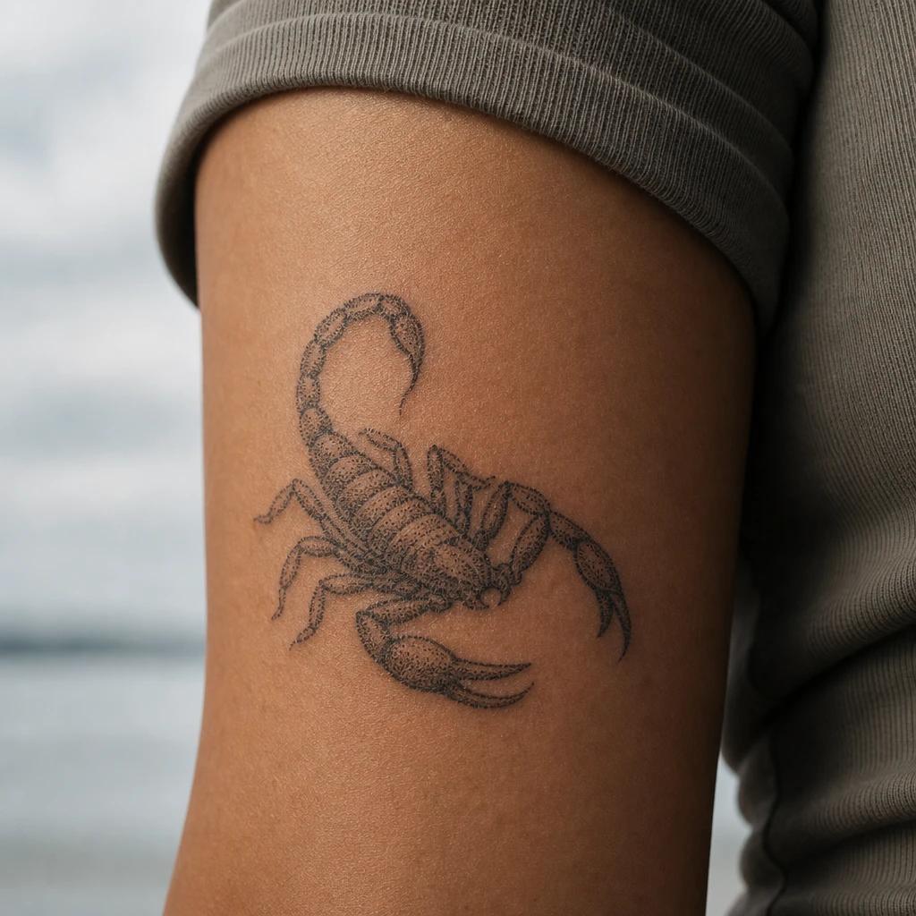 scorpion tattoo dotwork scorpion, realistic photo on skin