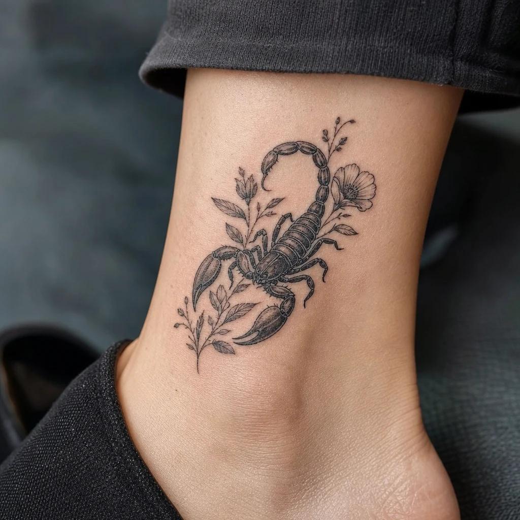 scorpion tattoo scorpion and flowers contrast, realistic photo on skin