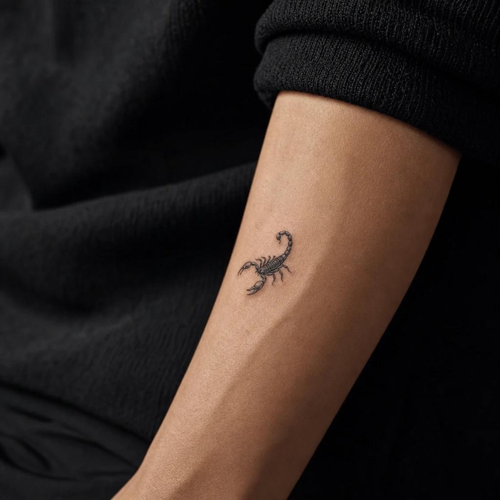 scorpion tattoo discreet micro scorpion, realistic photo on skin