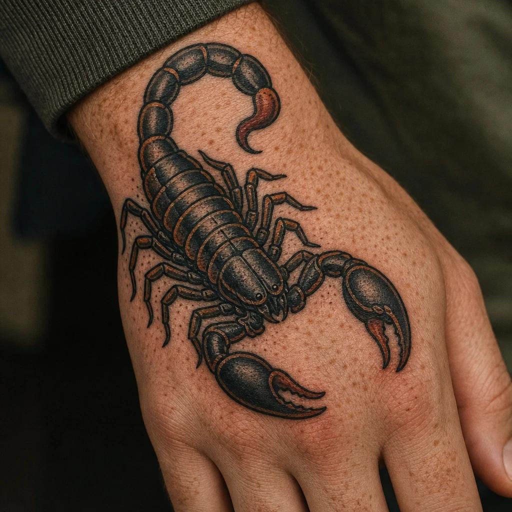 scorpion tattoo neo-traditional scorpion, realistic photo on skin