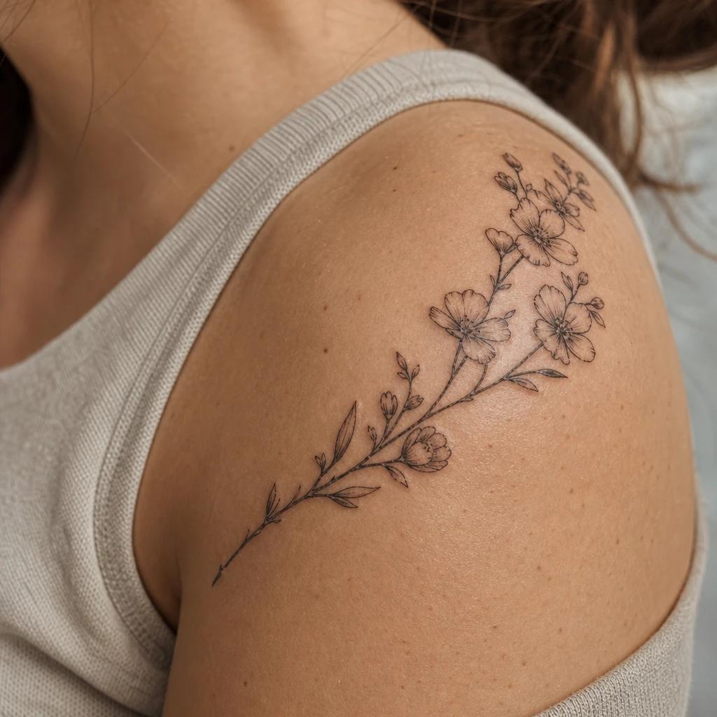 shoulder (women) tattoo flowering branch on the shoulder, realistic photo on skin