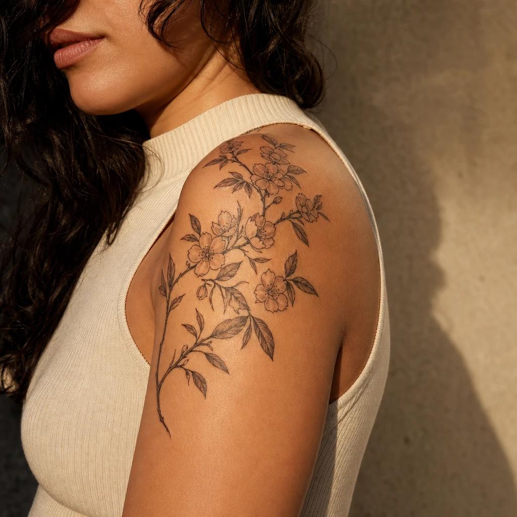shoulder (women) tattoo flowering branch on the shoulder, realistic photo on skin