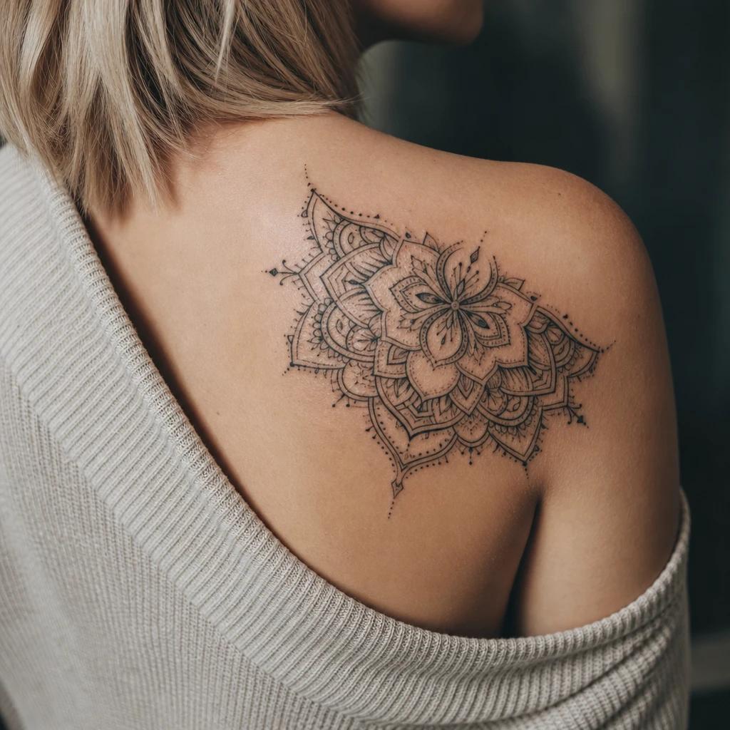 shoulder (women) tattoo half-moon mandala epaulette, realistic photo on skin