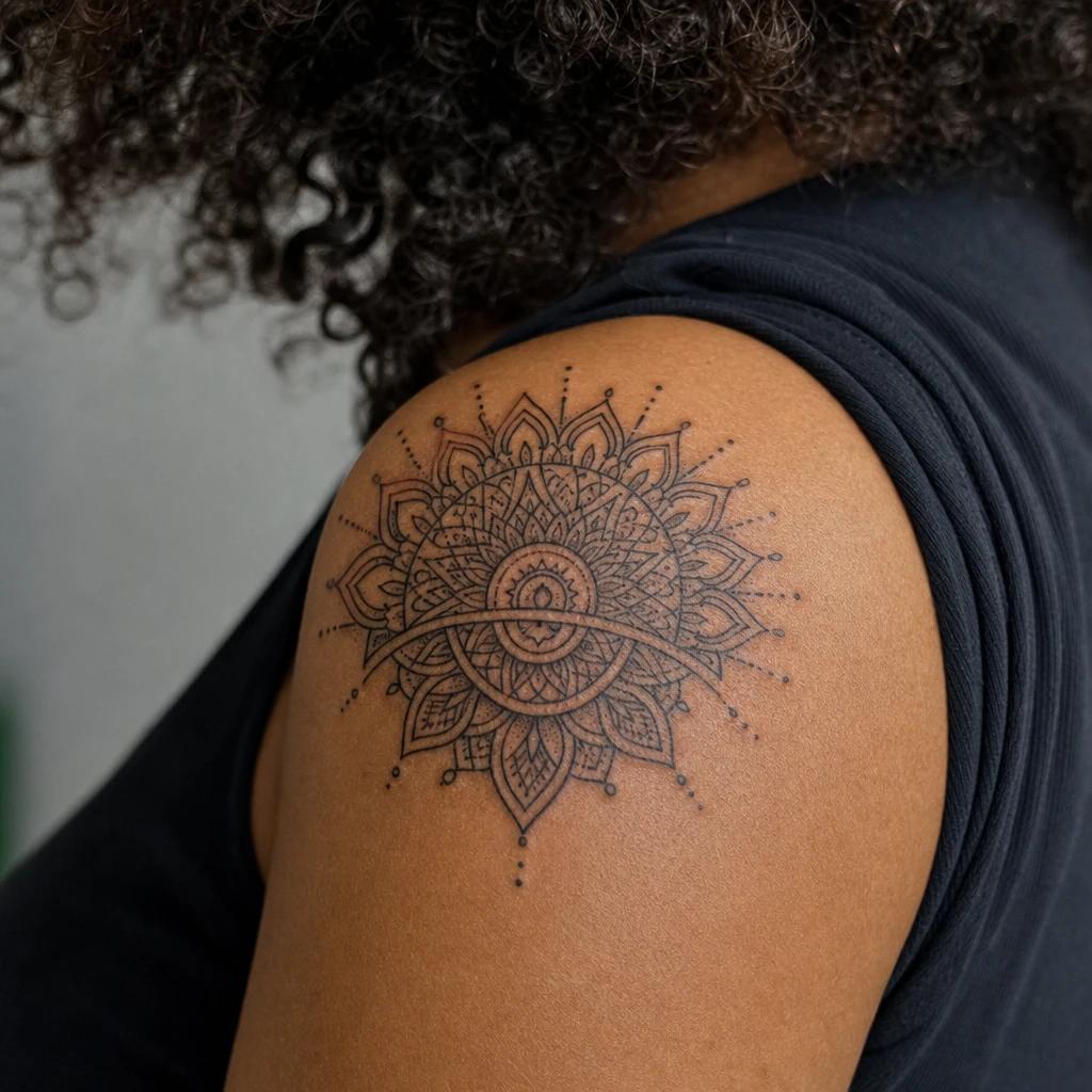 shoulder (women) tattoo half-moon mandala epaulette, realistic photo on skin