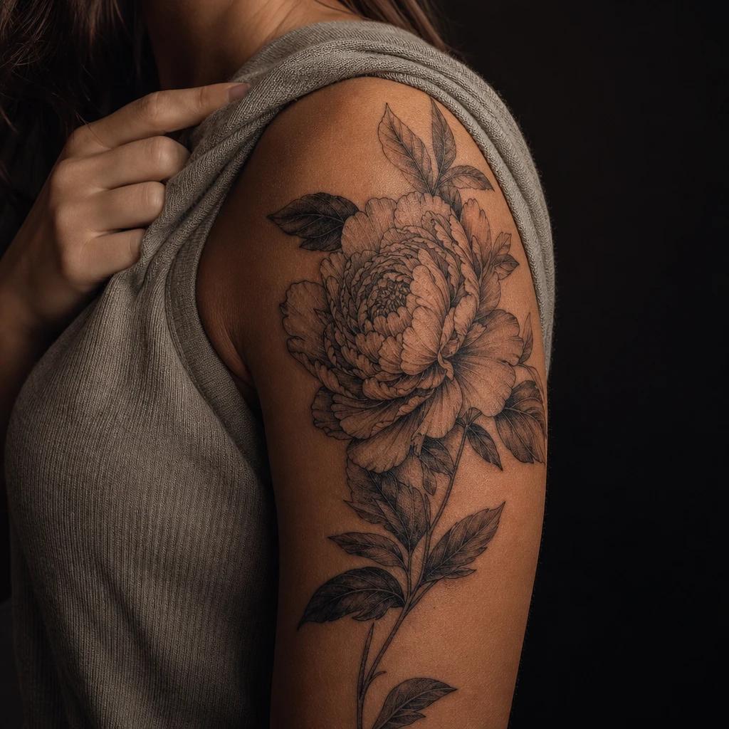 shoulder (women) tattoo realistic peony on the shoulder blade, realistic photo on skin
