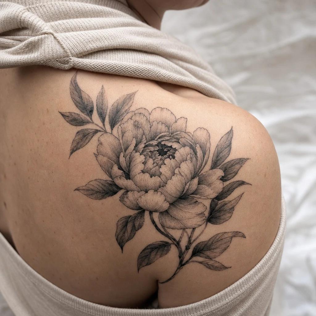 shoulder (women) tattoo realistic peony on the shoulder blade, realistic photo on skin