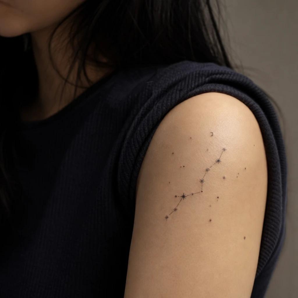 shoulder (women) tattoo minimalist constellation, realistic photo on skin