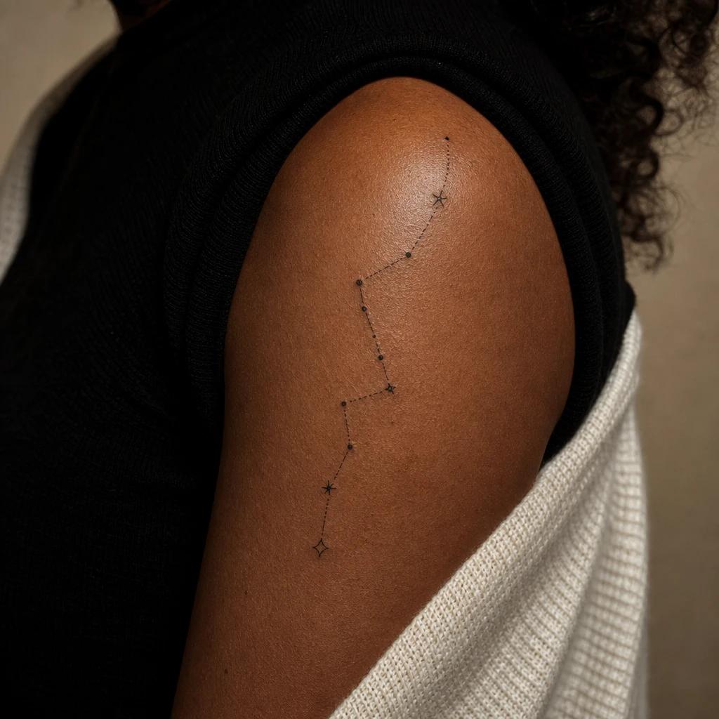 shoulder (women) tattoo minimalist constellation, realistic photo on skin
