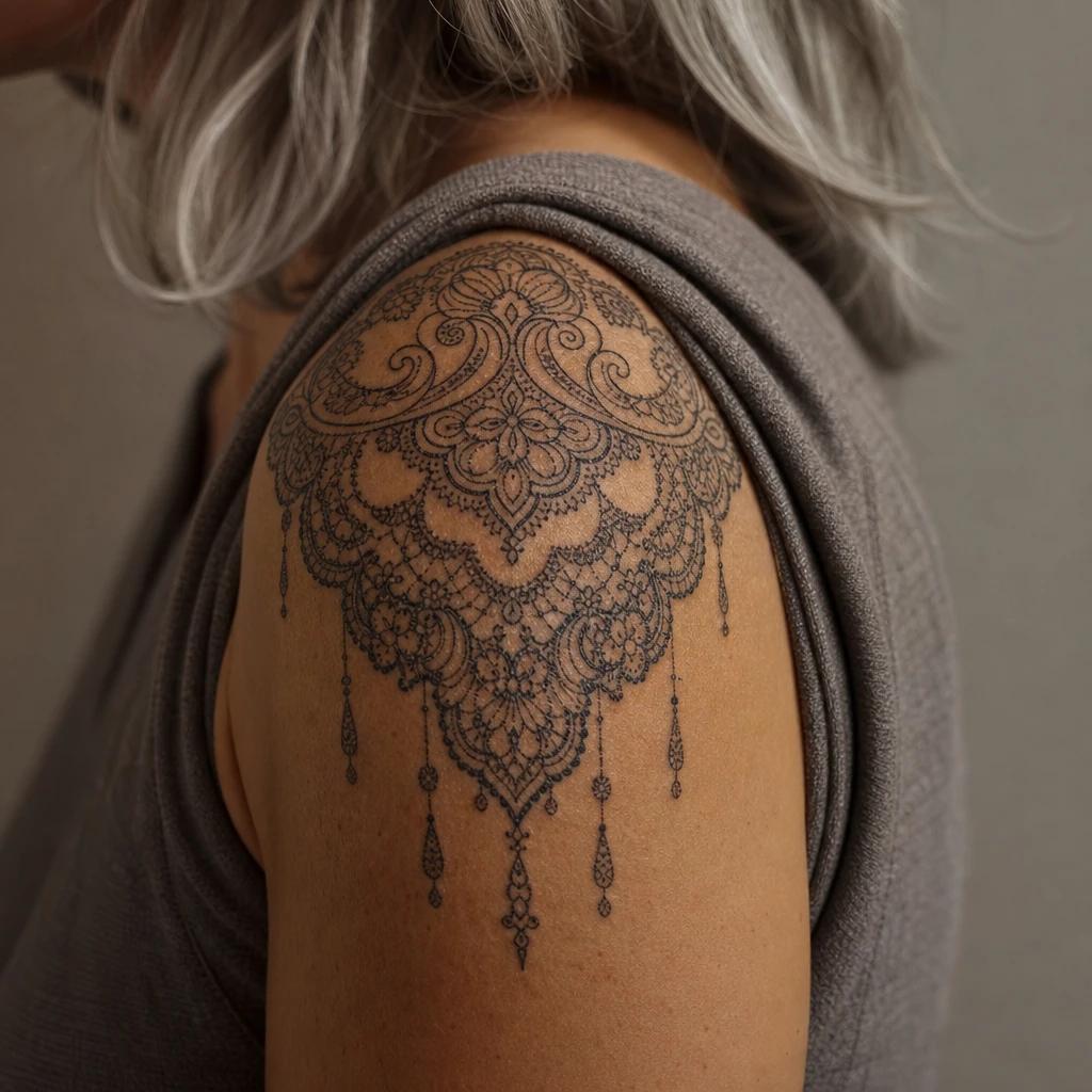 shoulder (women) tattoo ornamental lace epaulette, realistic photo on skin