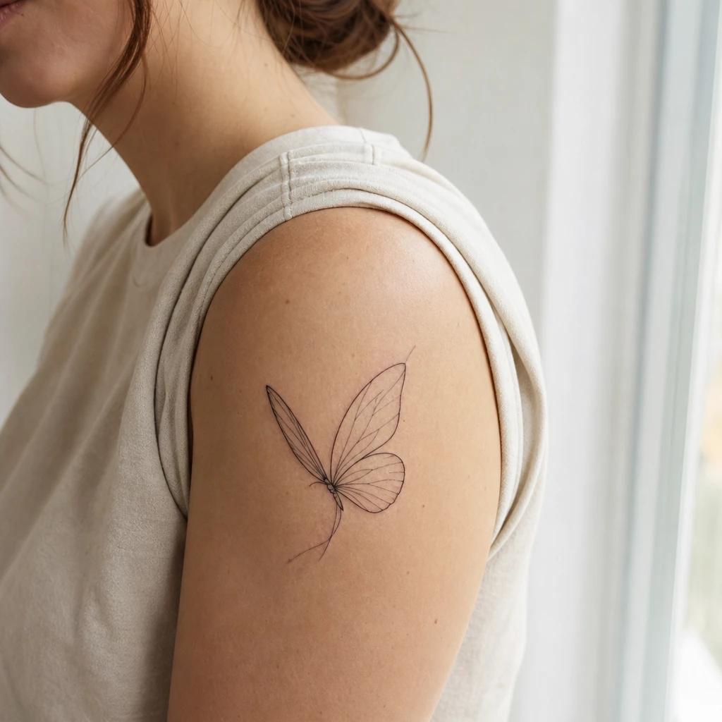 shoulder (women) tattoo fine line butterfly, realistic photo on skin