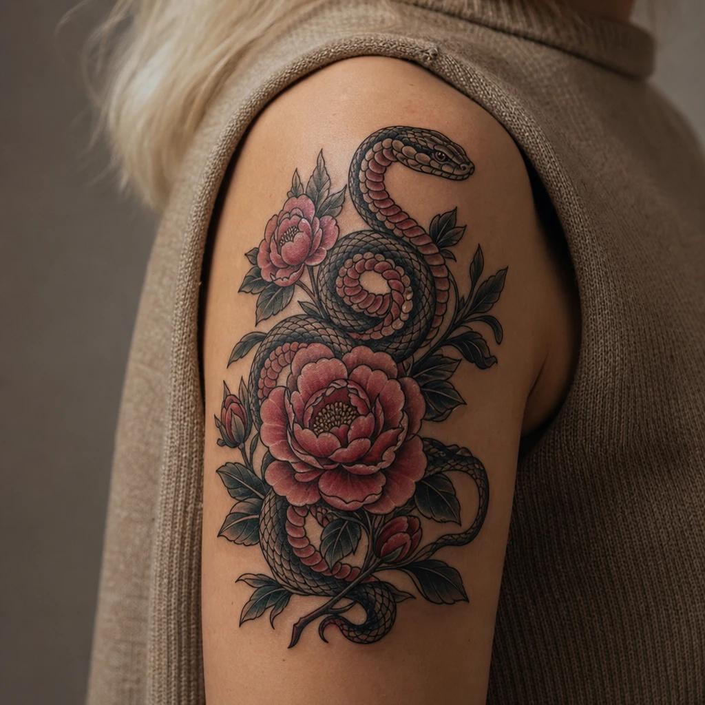 shoulder (women) tattoo neo-traditional snake and flowers, realistic photo on skin