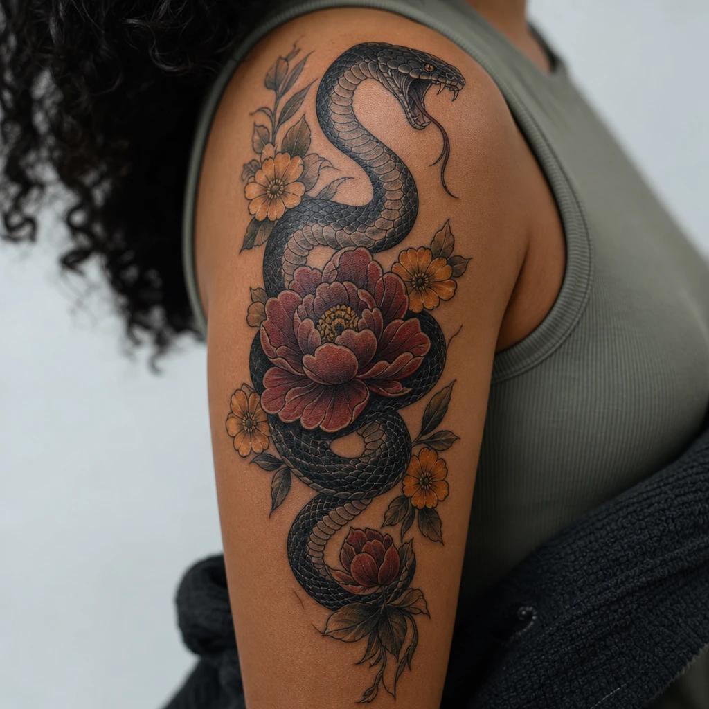 shoulder (women) tattoo neo-traditional snake and flowers, realistic photo on skin