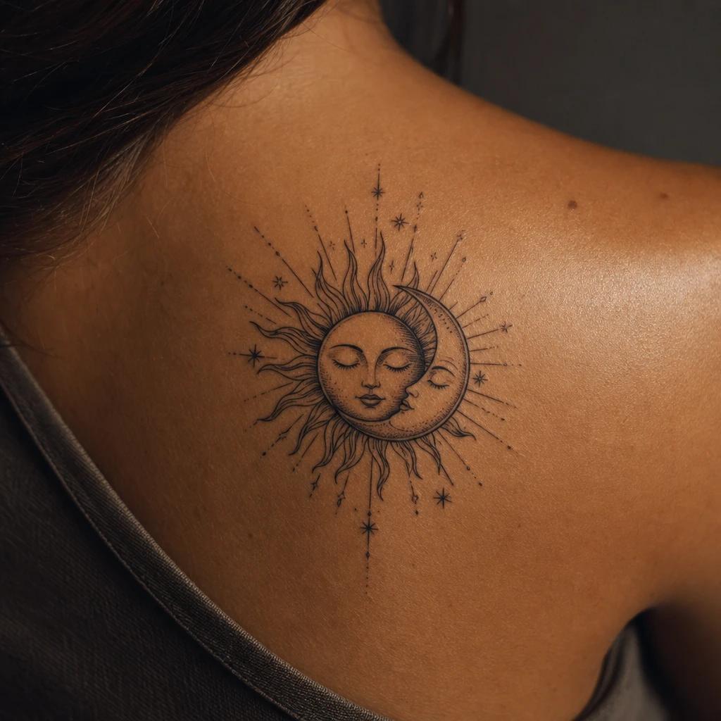 shoulder (women) tattoo symbolic sun and moon, realistic photo on skin