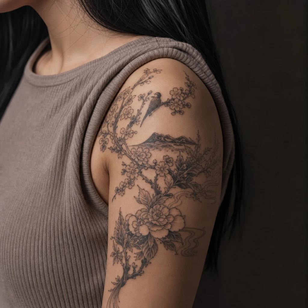 shoulder (women) tattoo japanese-style wave, realistic photo on skin