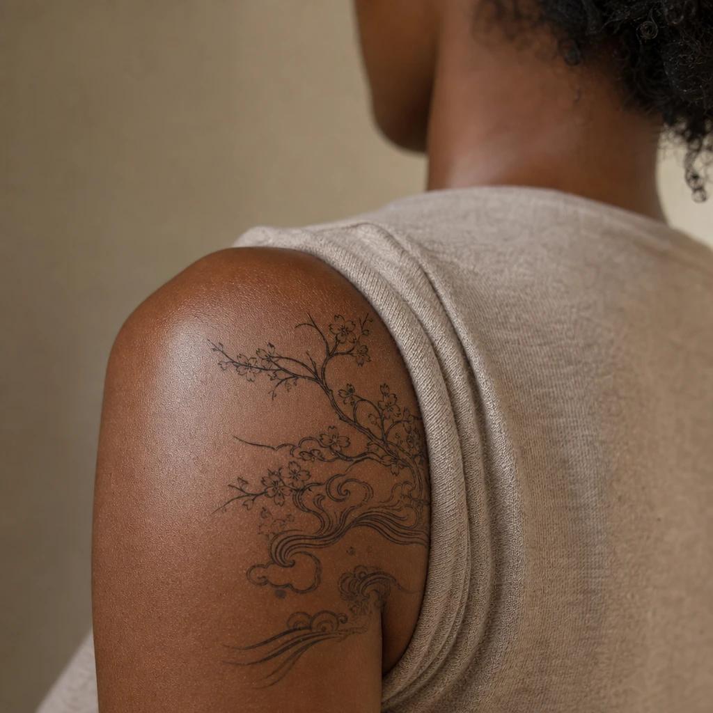 shoulder (women) tattoo japanese-style wave, realistic photo on skin