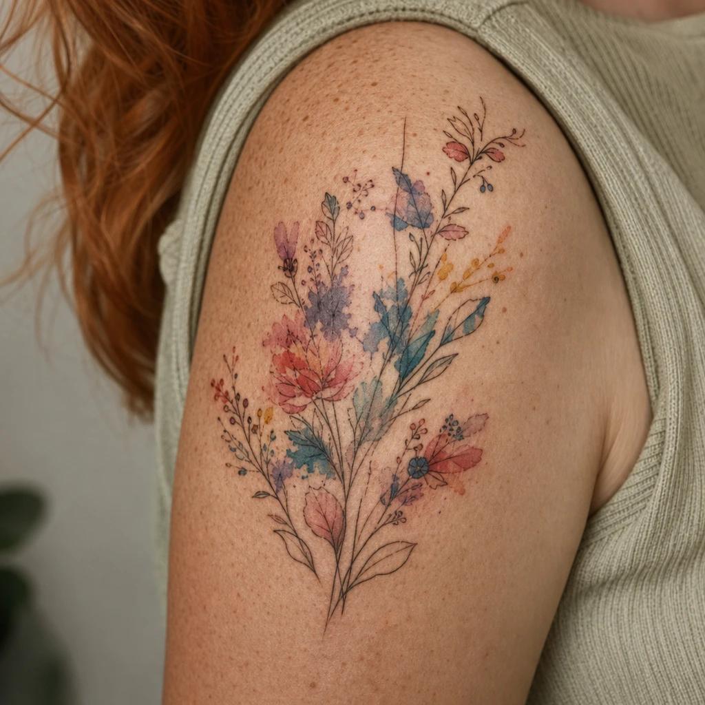 shoulder (women) tattoo abstract watercolor bouquet, realistic photo on skin