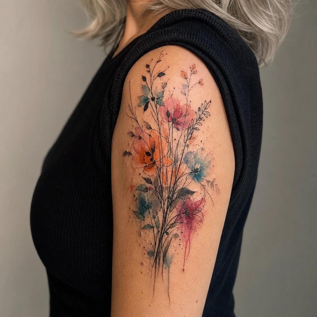 shoulder (women) tattoo abstract watercolor bouquet, realistic photo on skin